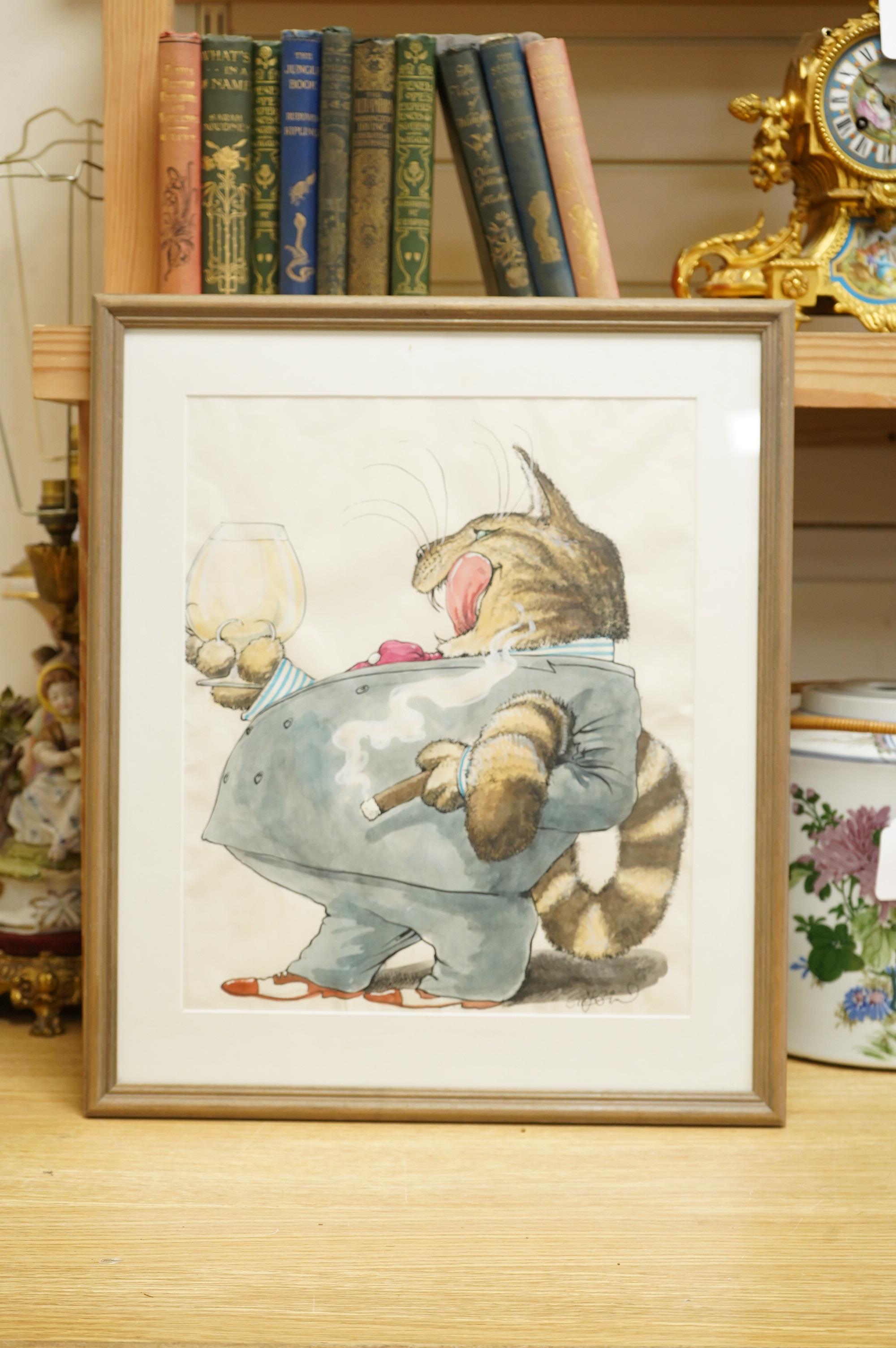 20th century, Comical study of a cat smoking a cigar, indistinctly signed, ink and watercolour, 36 x 30cm